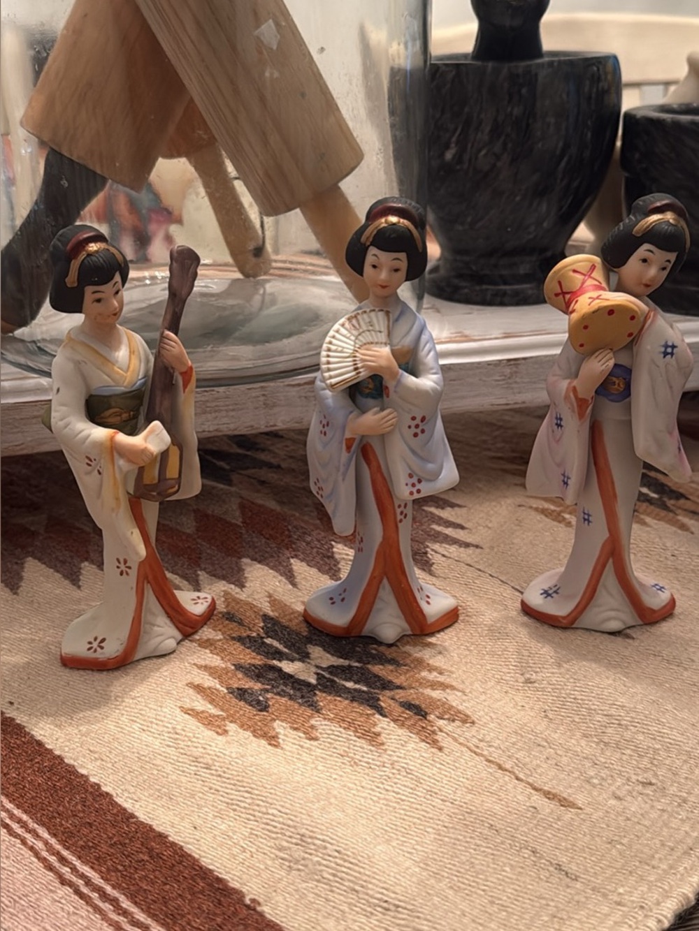Porcelain Geisha Figurine Trio - White and Peach Home Art